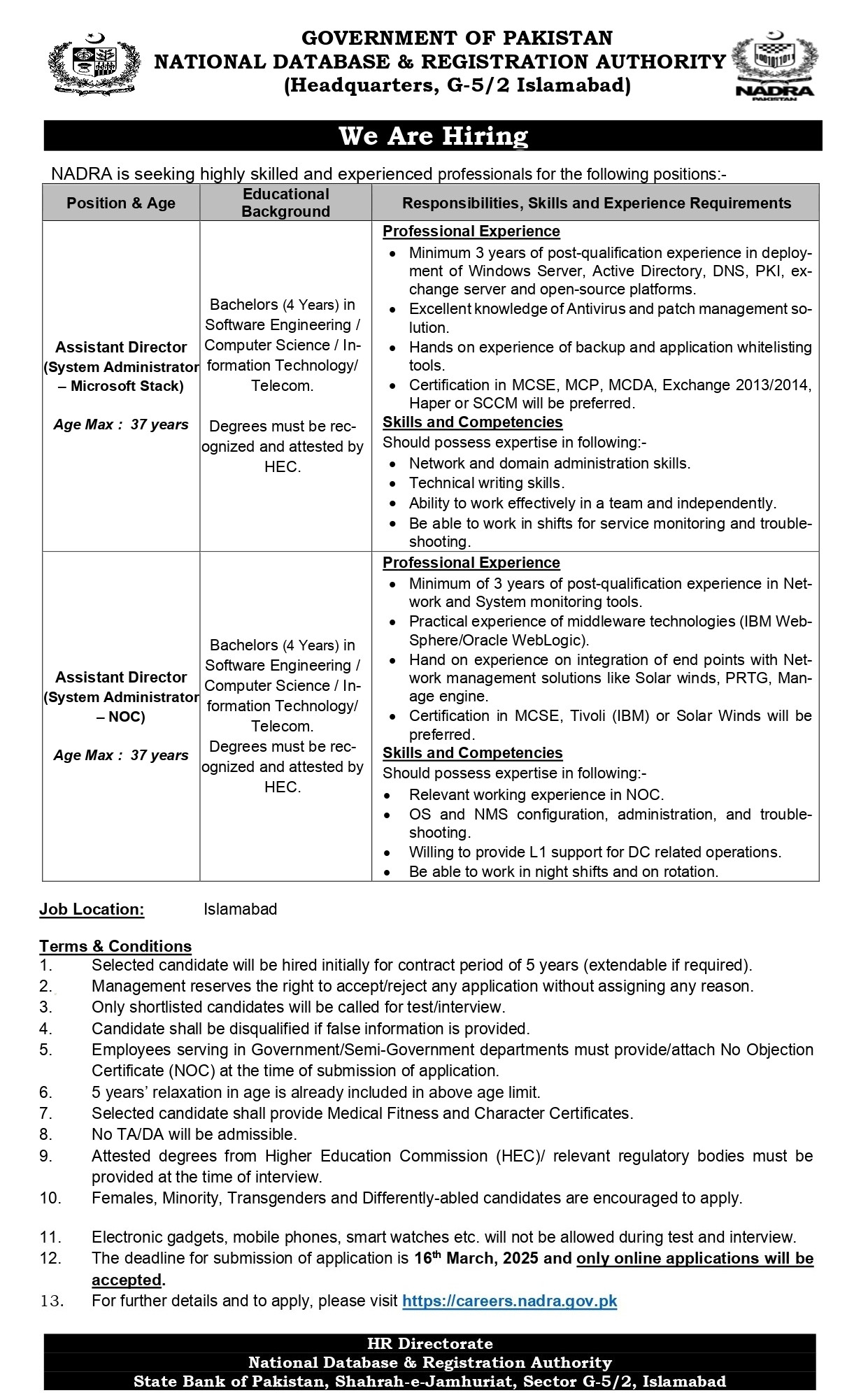 Assistant Director Positions in NADRA
